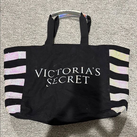 Victoria's Secret Black Tote Bag with Striped Design - Picture 1 of 3